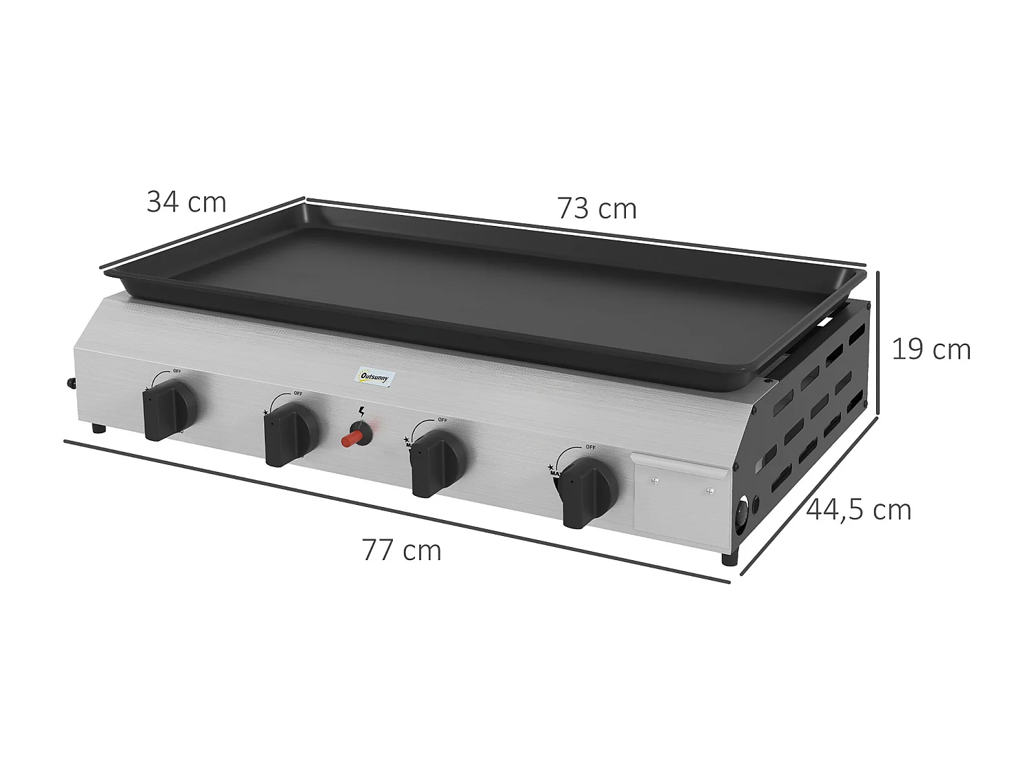 Plancha gaz portable antiadhésive 4 brûleurs 9,6 kW surface cuisson 73L x 34l cm acier inox émaillé