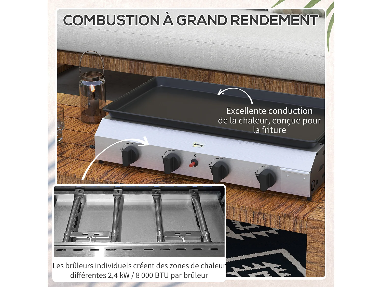 Plancha gaz portable antiadhésive 4 brûleurs 9,6 kW surface cuisson 73L x 34l cm acier inox émaillé