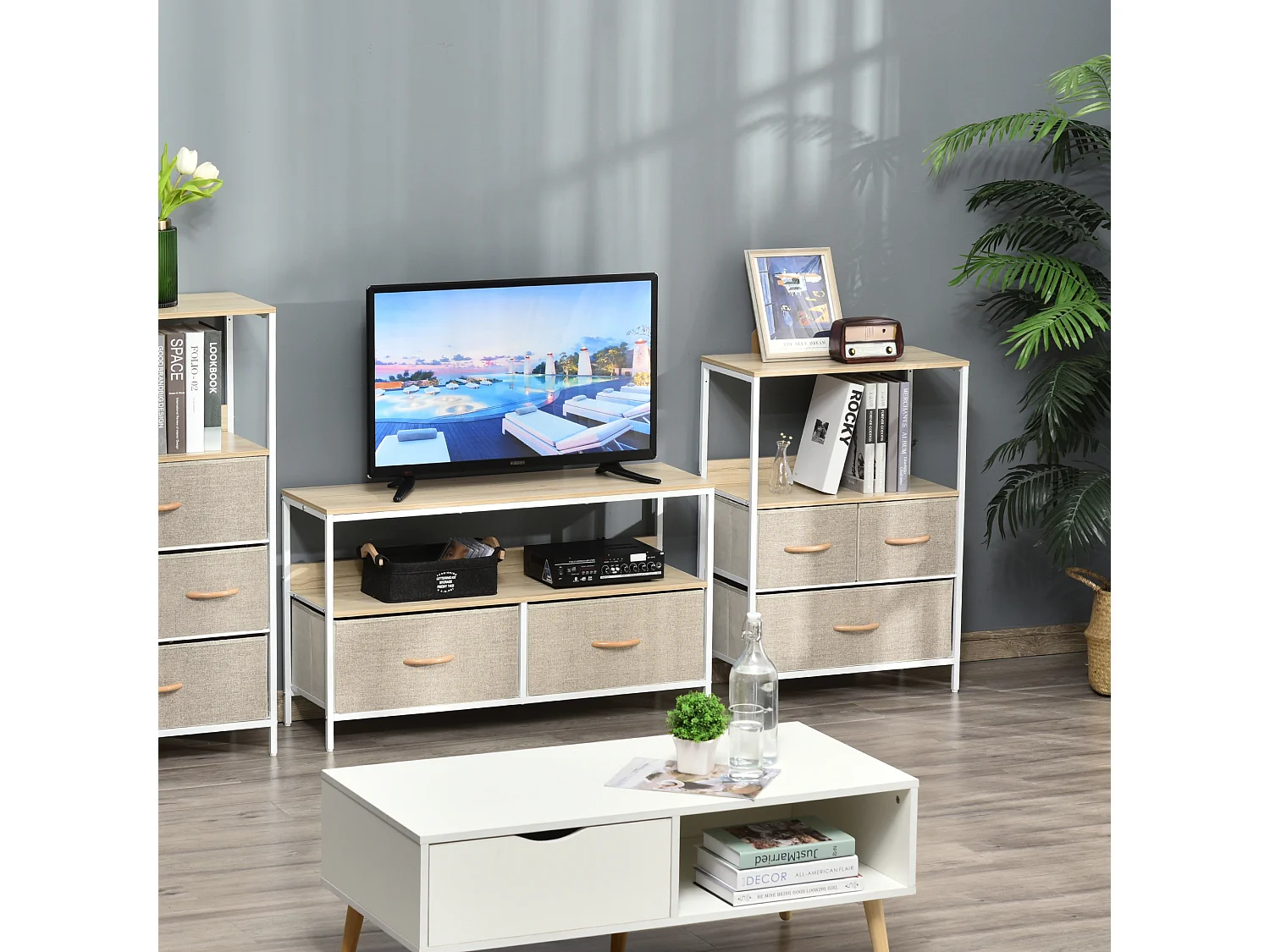 Meuble de rangement commode 3 tiroirs étagère plateau acier blanc MDF bois clair non tissé gris clair