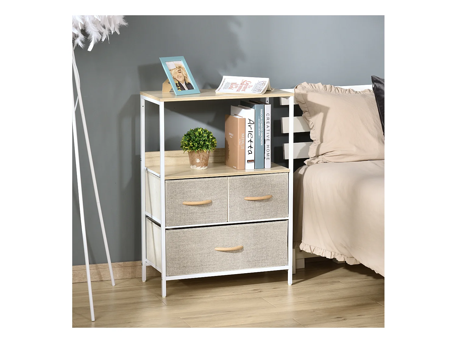 Meuble de rangement commode 3 tiroirs étagère plateau acier blanc MDF bois clair non tissé gris clair