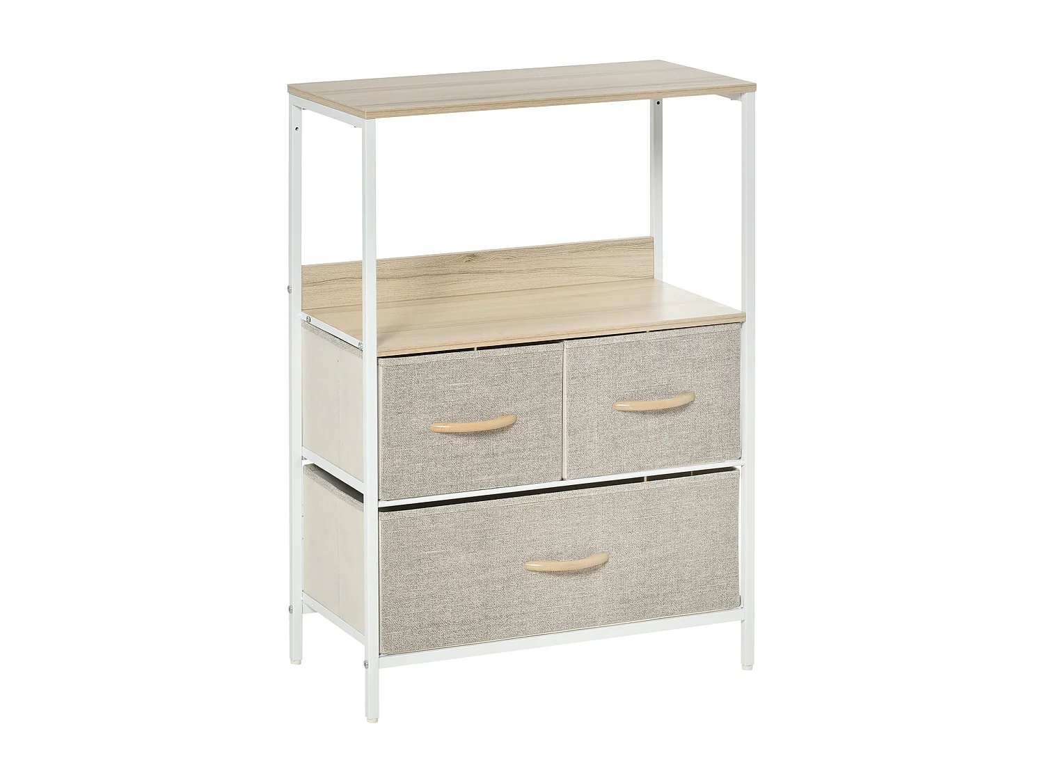 Meuble de rangement commode 3 tiroirs étagère plateau acier blanc MDF bois clair non tissé gris clair