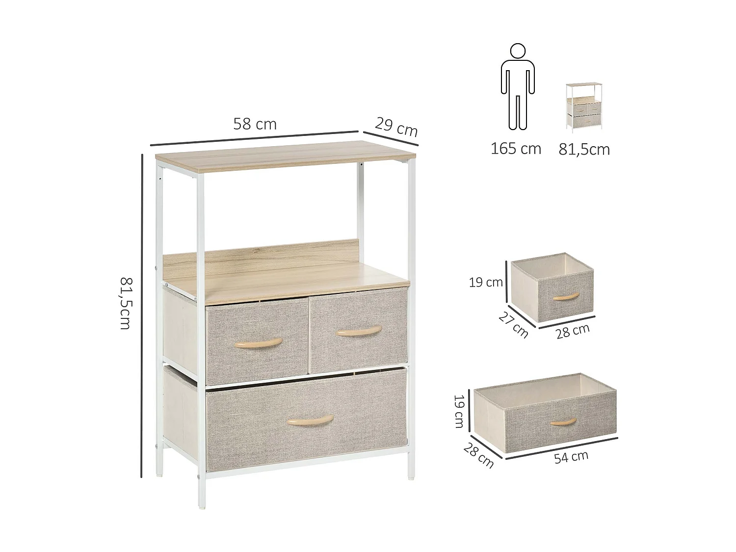 Meuble de rangement commode 3 tiroirs étagère plateau acier blanc MDF bois clair non tissé gris clair