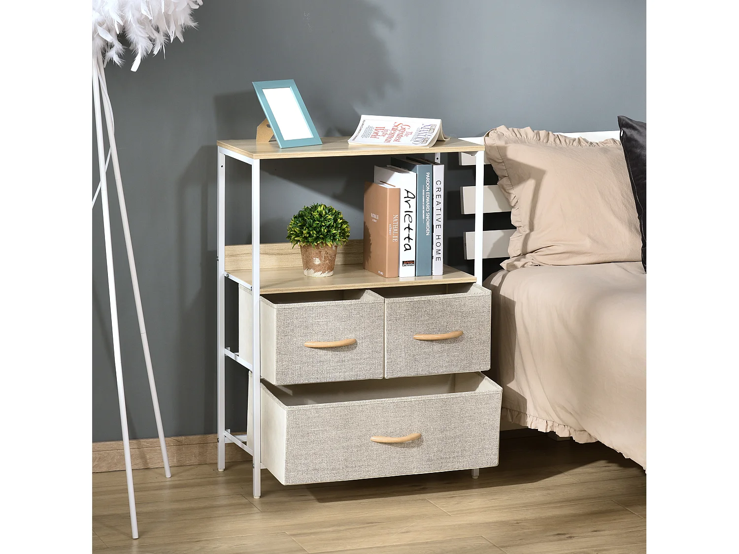 Meuble de rangement commode 3 tiroirs étagère plateau acier blanc MDF bois clair non tissé gris clair