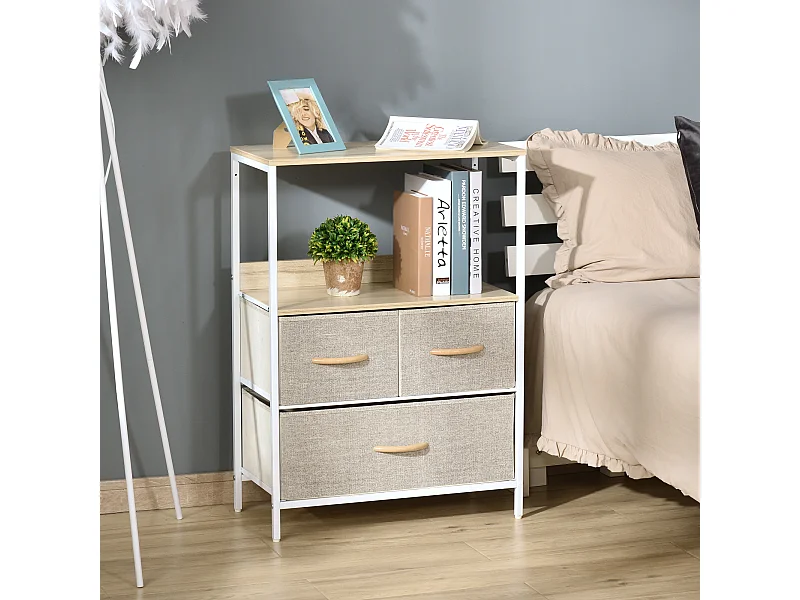 Meuble de rangement commode 3 tiroirs étagère plateau acier blanc MDF bois clair non tissé gris clair