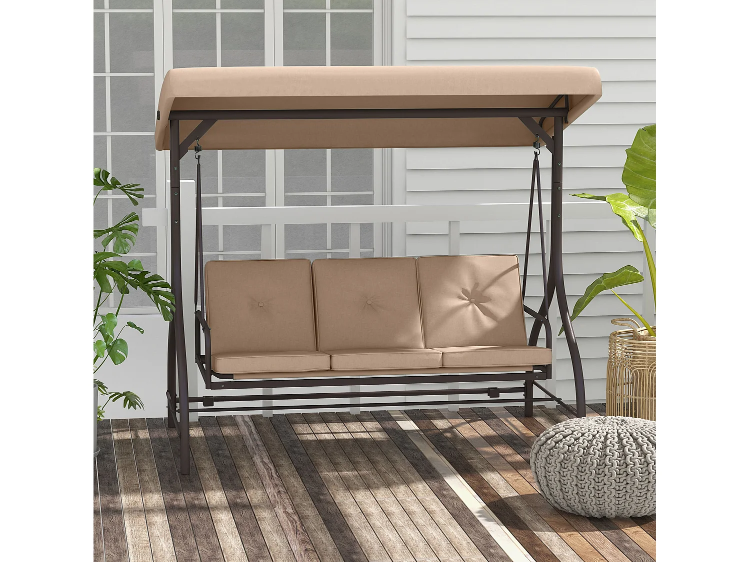 Balancelle de jardin convertible 3 places avec coussins métal polyester kaki