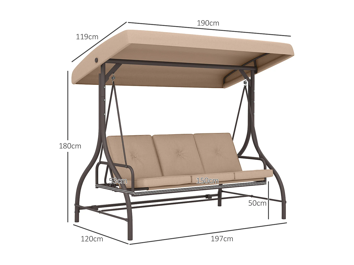 Balancelle de jardin convertible 3 places avec coussins métal polyester kaki