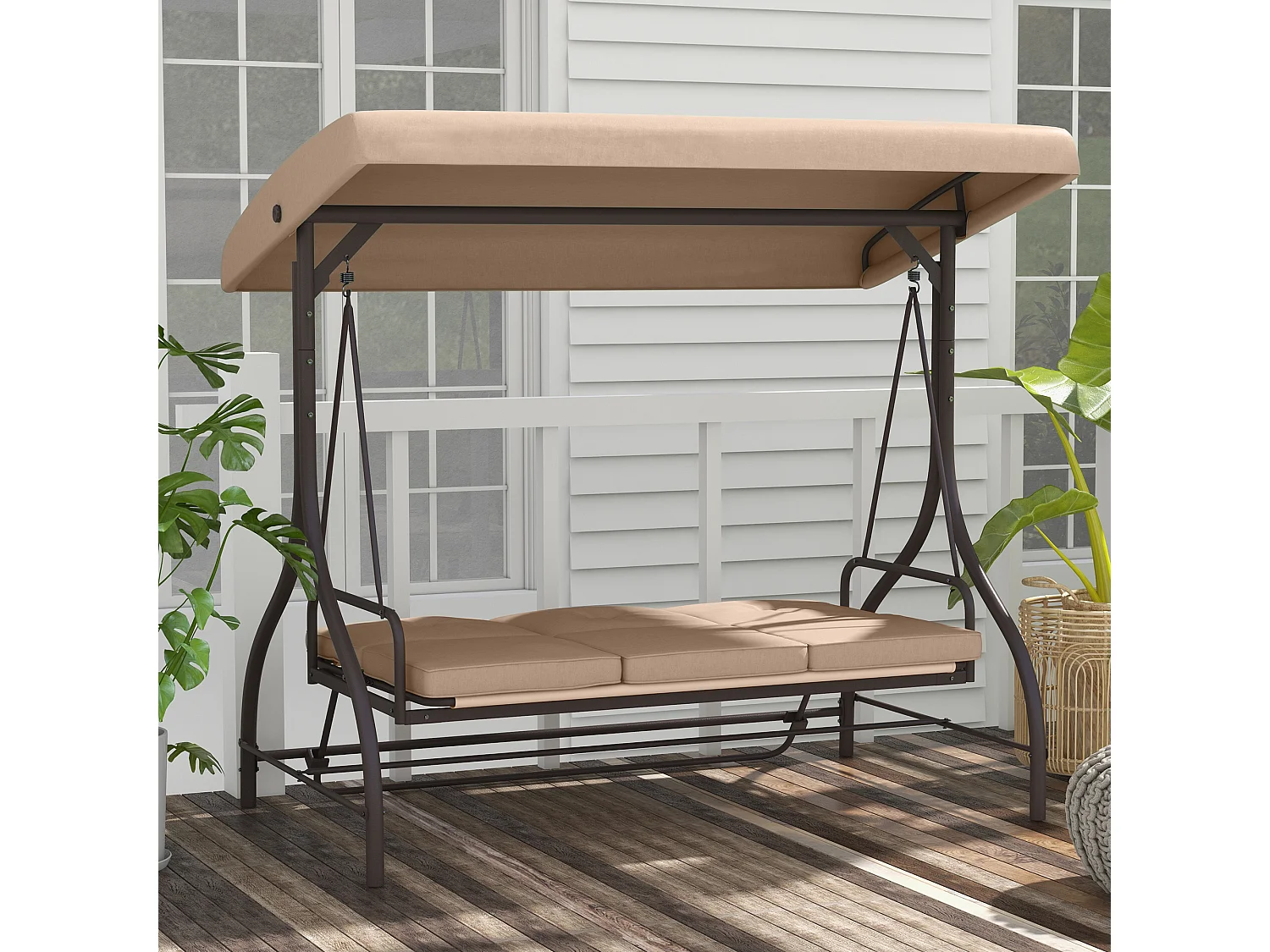 Balancelle de jardin convertible 3 places avec coussins métal polyester kaki