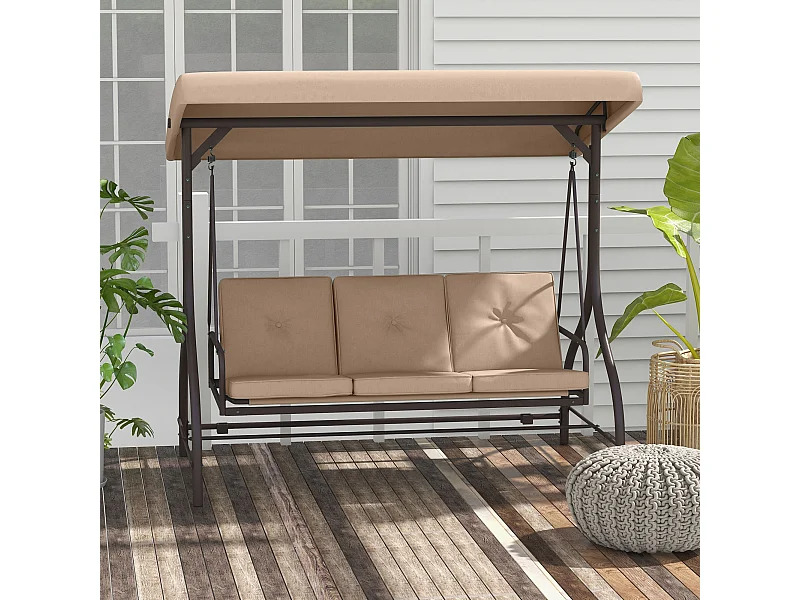 Balancelle de jardin convertible 3 places avec coussins métal polyester kaki