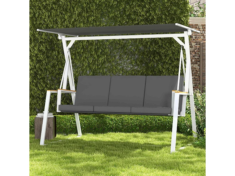 Balancelle de jardin design 3 places toit inclinaison réglable matelas fourni acier blanc tissu gris foncé