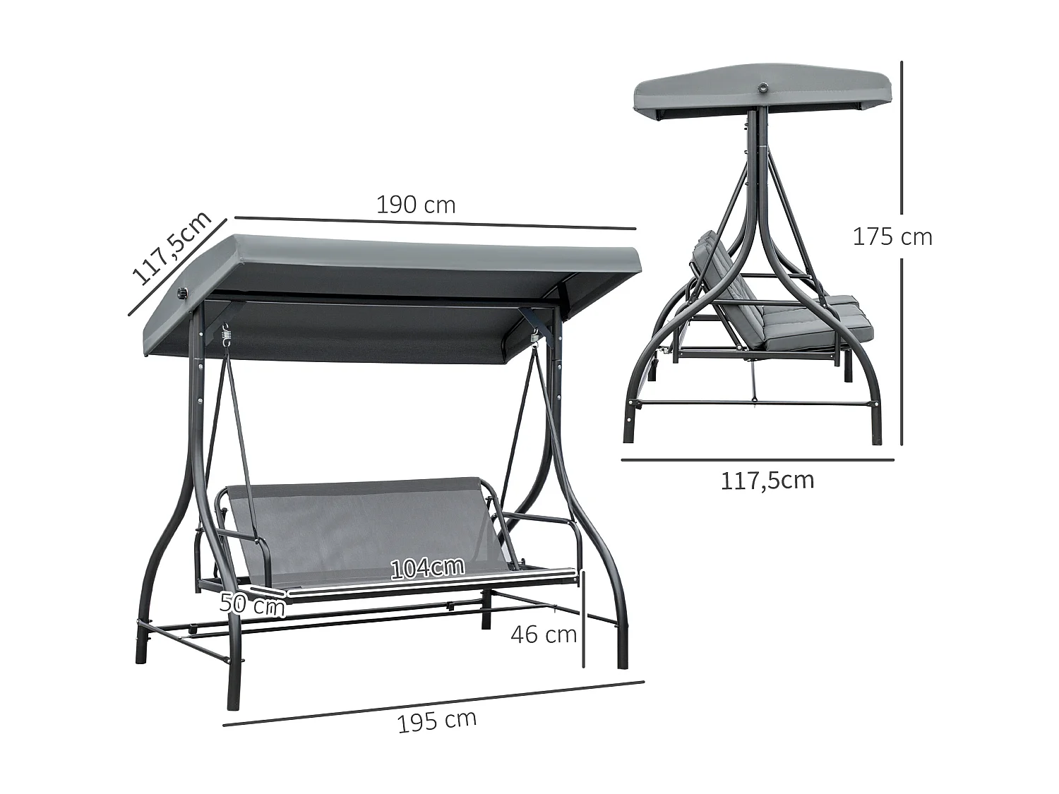 Balancelle de jardin 3 places convertible matelas fourni gris métal noir