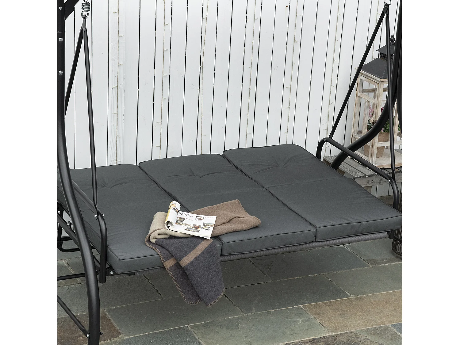 Balancelle de jardin 3 places convertible matelas fourni gris métal noir