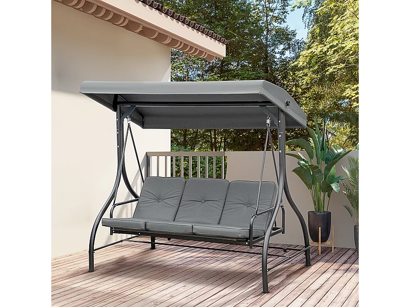 Balancelle de jardin 3 places convertible matelas fourni gris métal noir