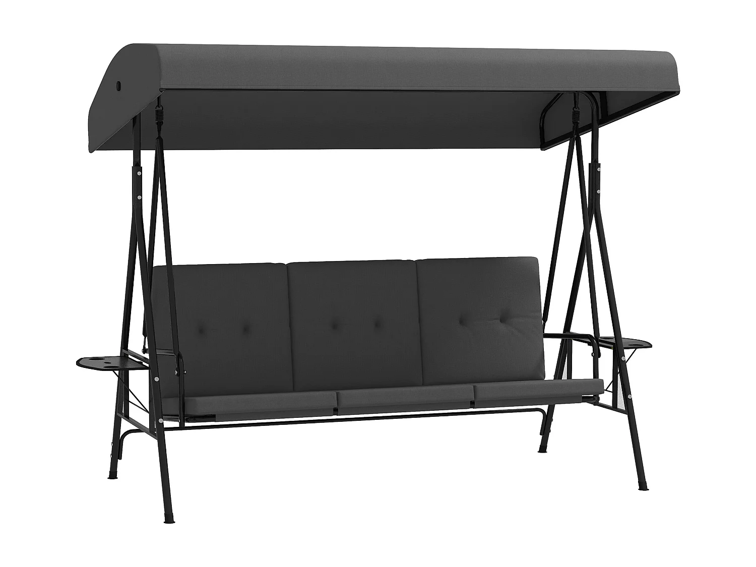 Balancelle de jardin 3 places grand confort - toit réglable, 2 tablettes latérales, coussins - acier polyester anthracite