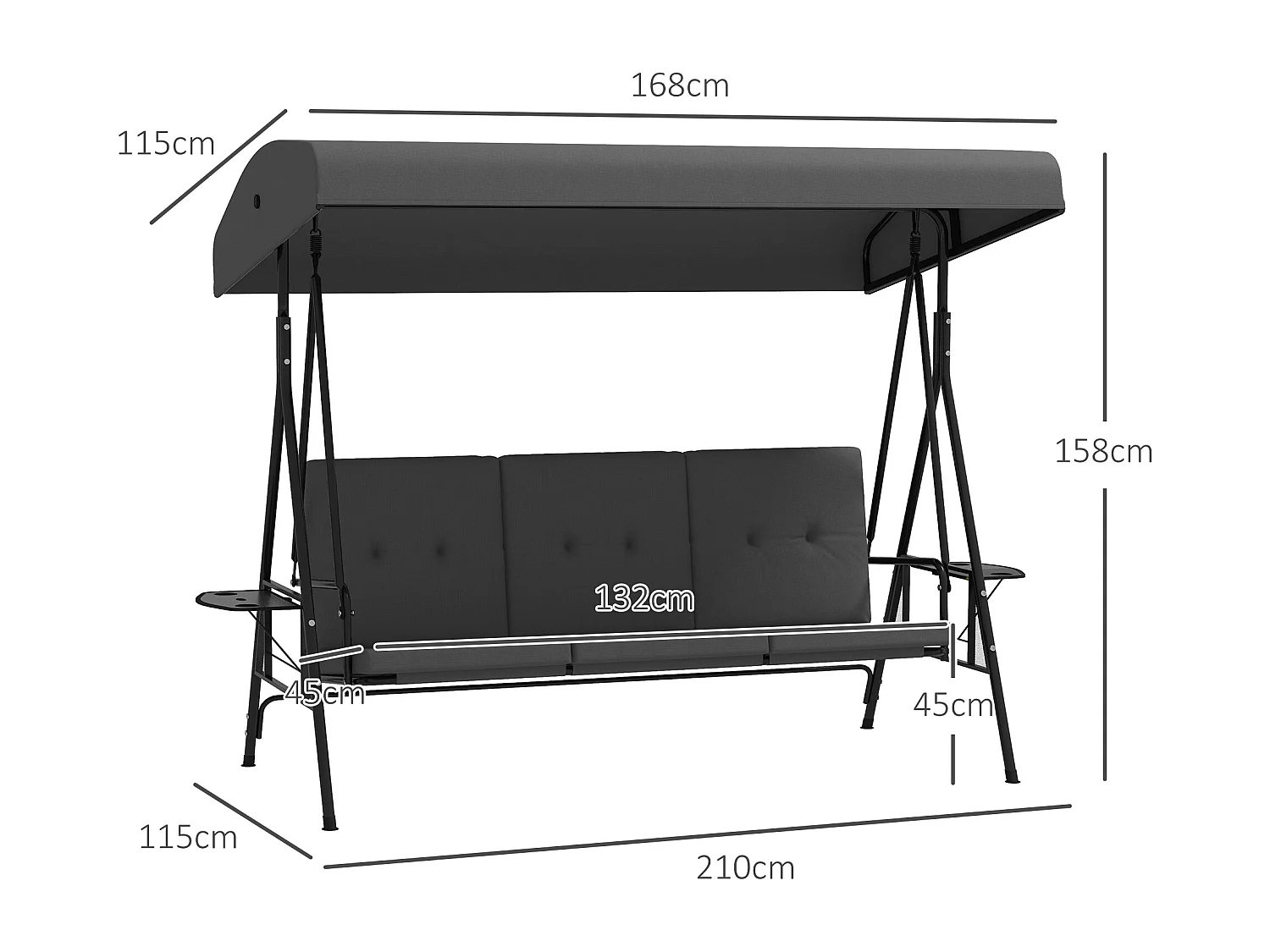 Balancelle de jardin 3 places grand confort - toit réglable, 2 tablettes latérales, coussins - acier polyester anthracite
