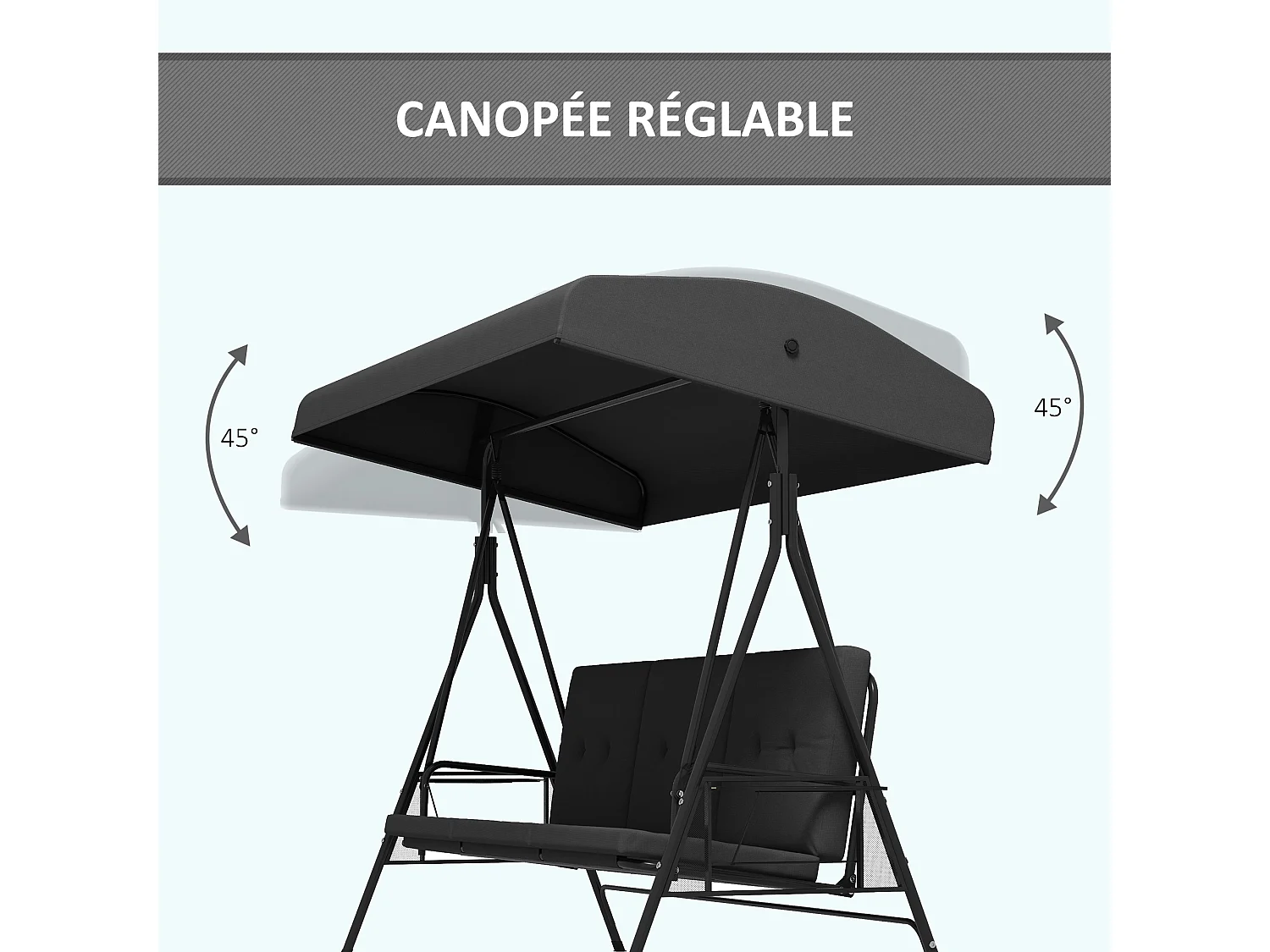 Balancelle de jardin 3 places grand confort - toit réglable, 2 tablettes latérales, coussins - acier polyester anthracite