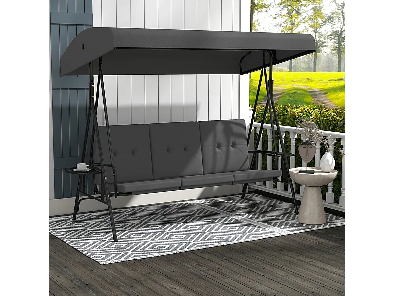 Balancelle de jardin 3 places grand confort - toit réglable, 2 tablettes latérales, coussins - acier polyester anthracite