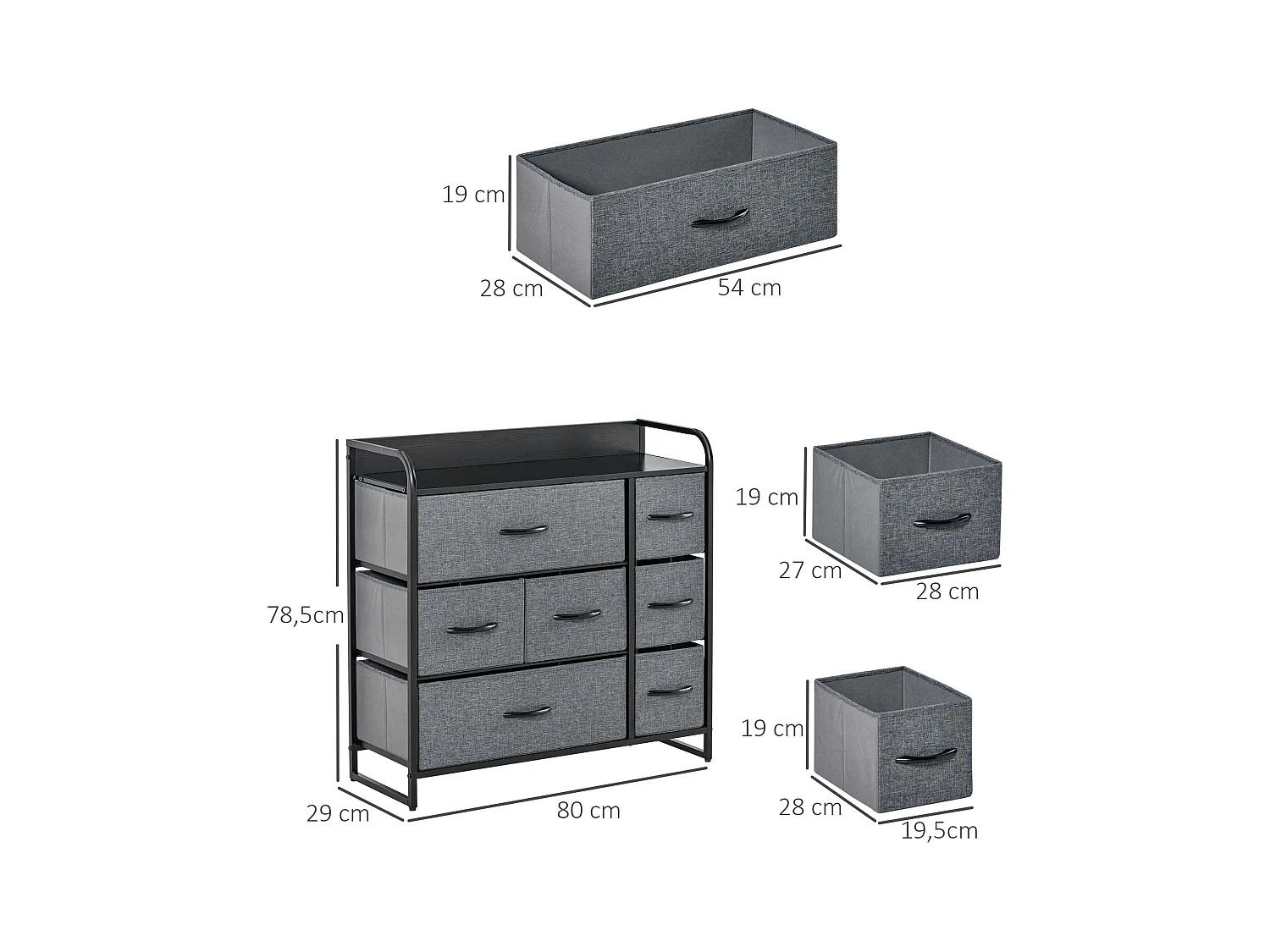 Meuble de rangement commode 7 tiroirs plateau acier MDF noir non tissé gris