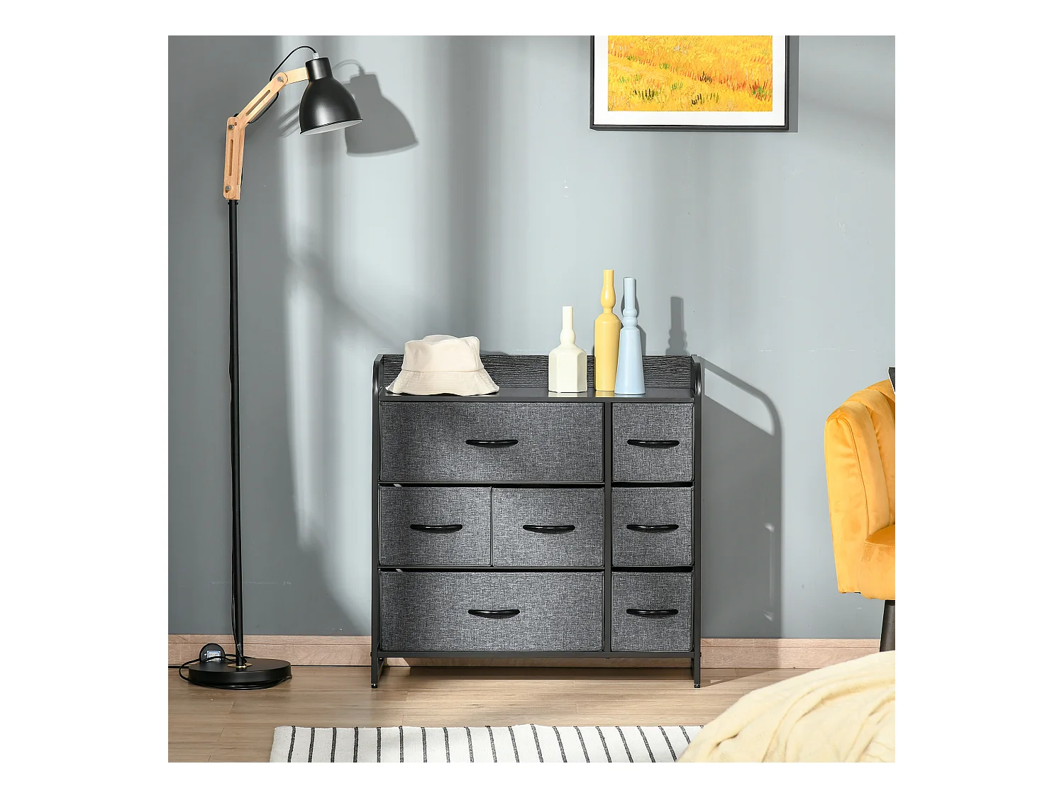 Meuble de rangement commode 7 tiroirs plateau acier MDF noir non tissé gris