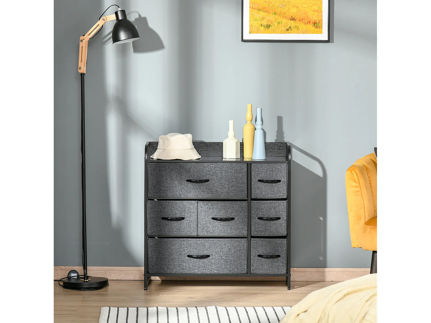 Meuble de rangement commode 7 tiroirs plateau acier MDF noir non tissé gris