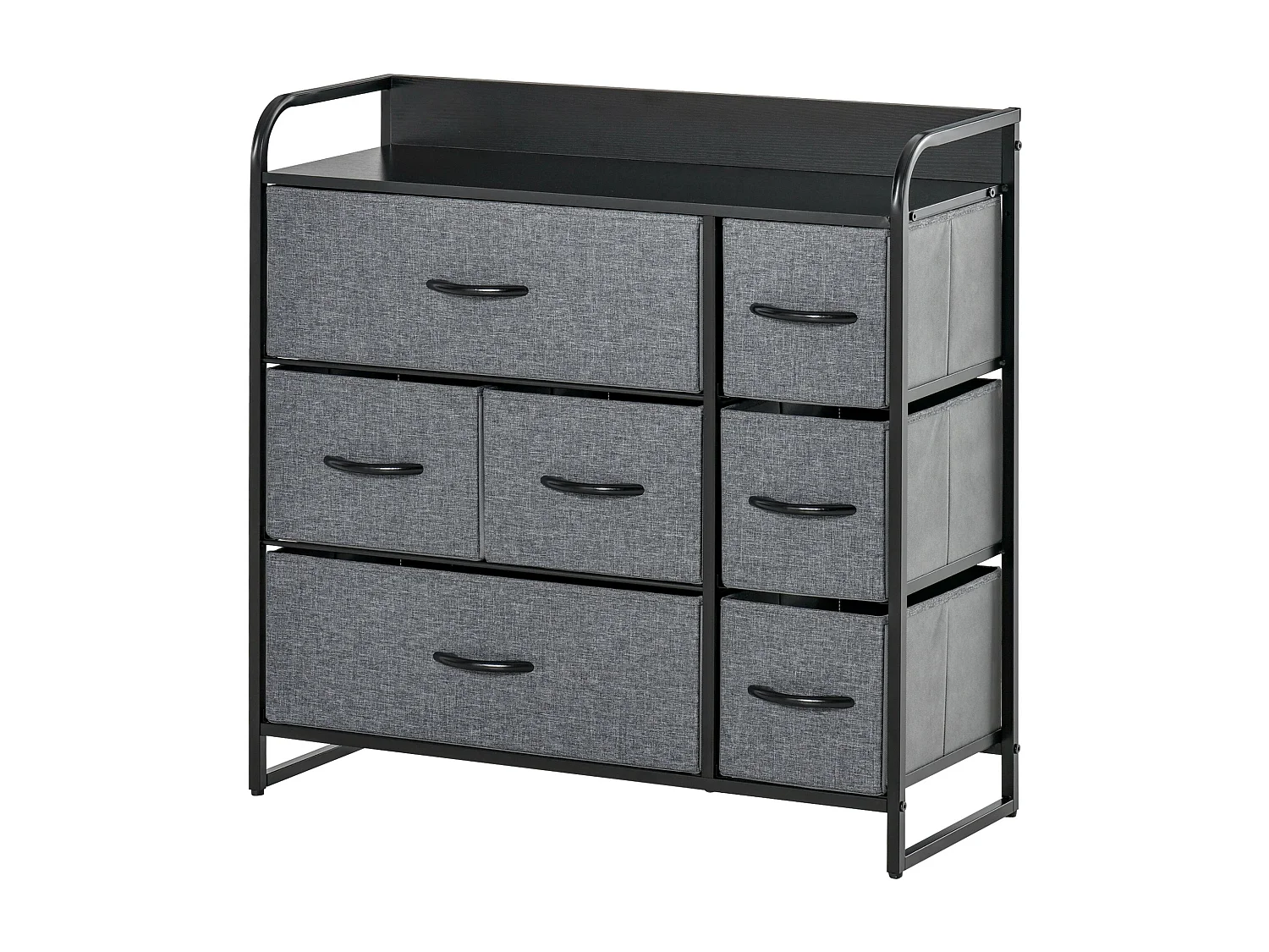 Meuble de rangement commode 7 tiroirs plateau acier MDF noir non tissé gris