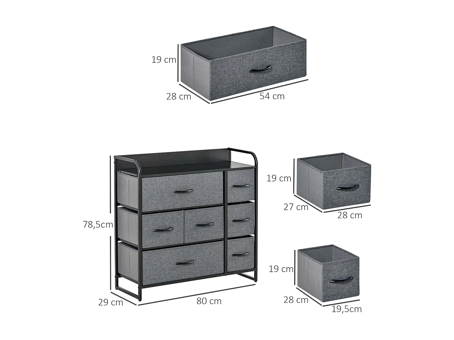 Meuble de rangement commode 7 tiroirs plateau acier MDF noir non tissé gris