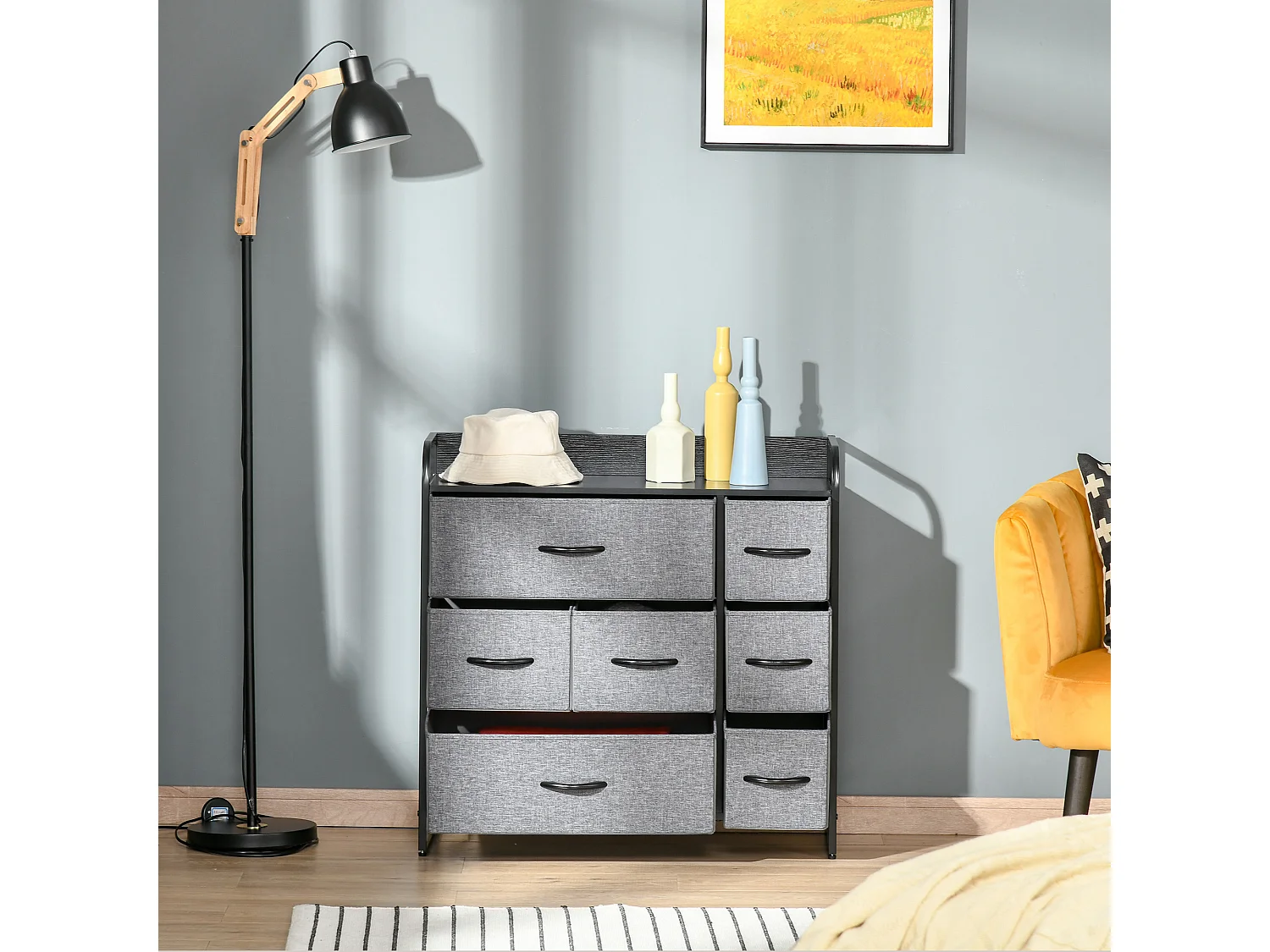 Meuble de rangement commode 7 tiroirs plateau acier MDF noir non tissé gris
