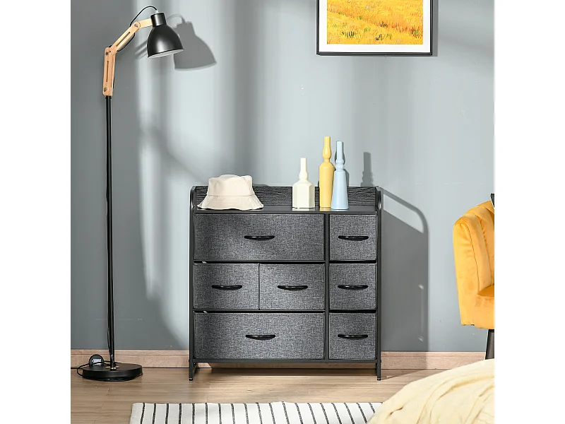 Meuble de rangement commode 7 tiroirs plateau acier MDF noir non tissé gris