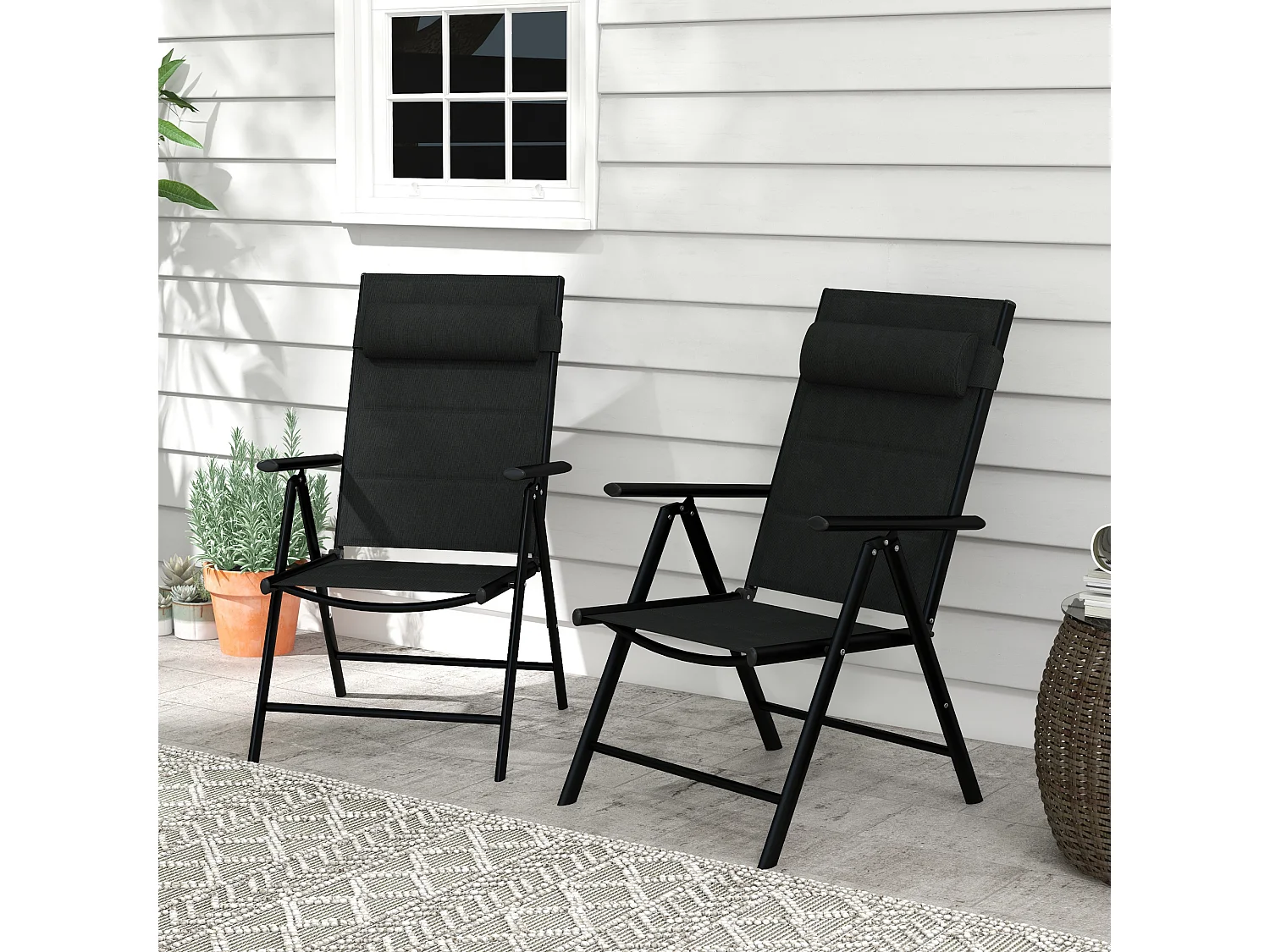 Lot de 2 chaises de jardin pliantes avec accoudoirs alu teslin rembourré déperlant noir