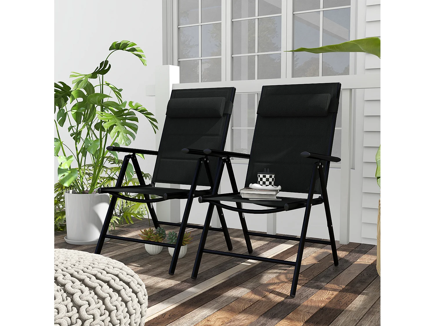 Lot de 2 chaises de jardin pliantes avec accoudoirs alu teslin rembourré déperlant noir