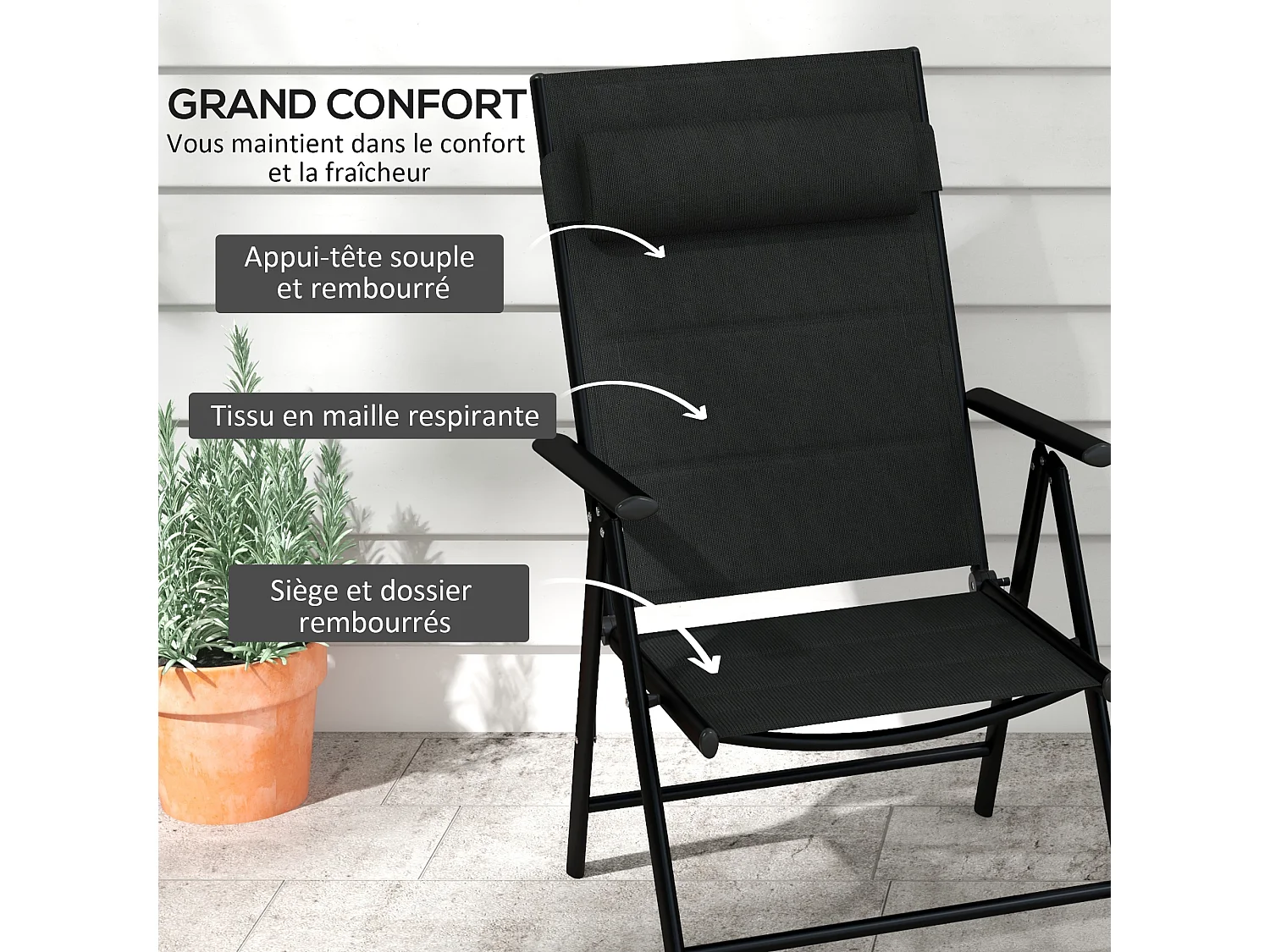 Lot de 2 chaises de jardin pliantes avec accoudoirs alu teslin rembourré déperlant noir