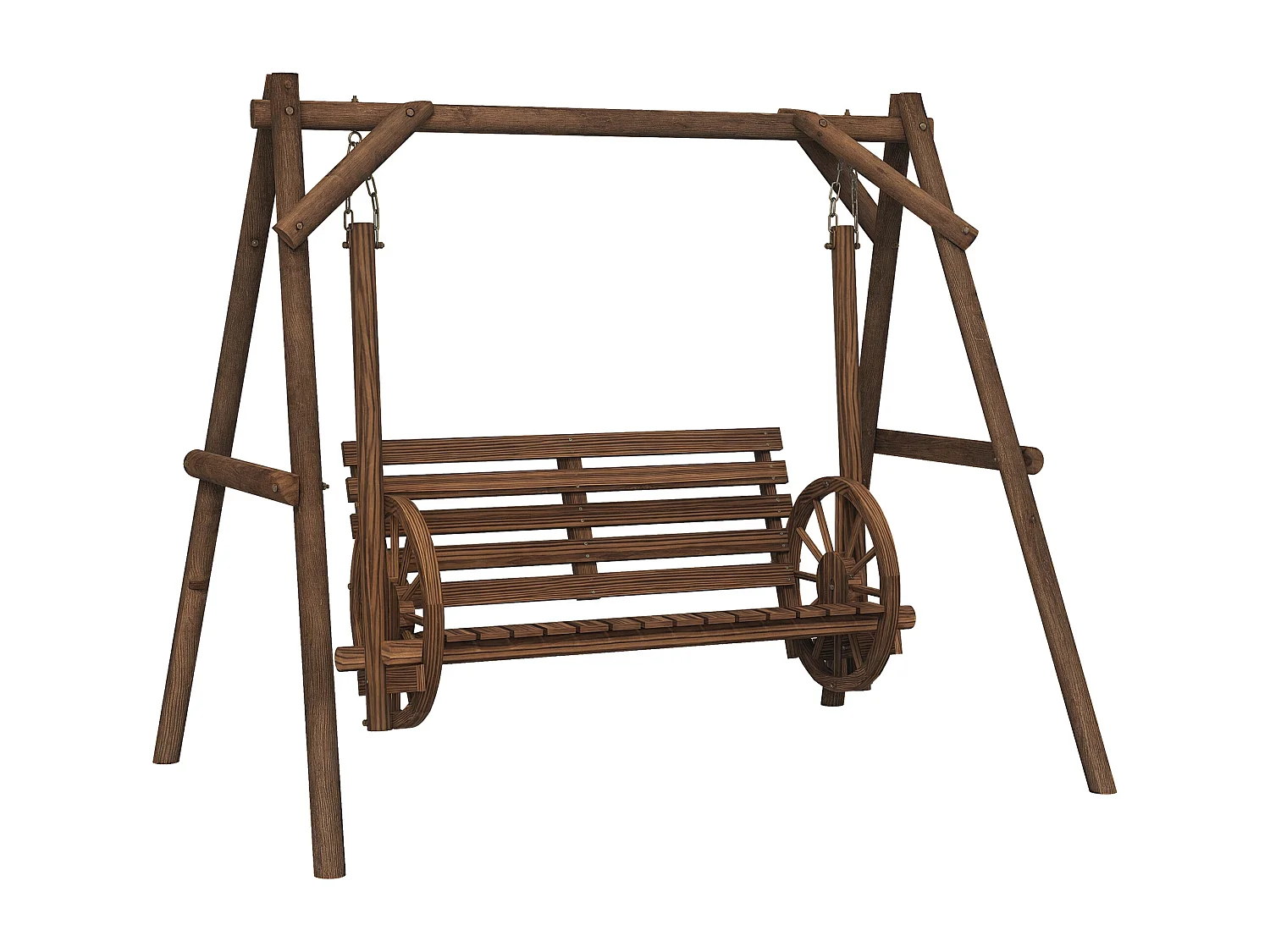 Balancelle de jardin 2 places style western - accoudoirs roues charrette - bois sapin traité carbonisation