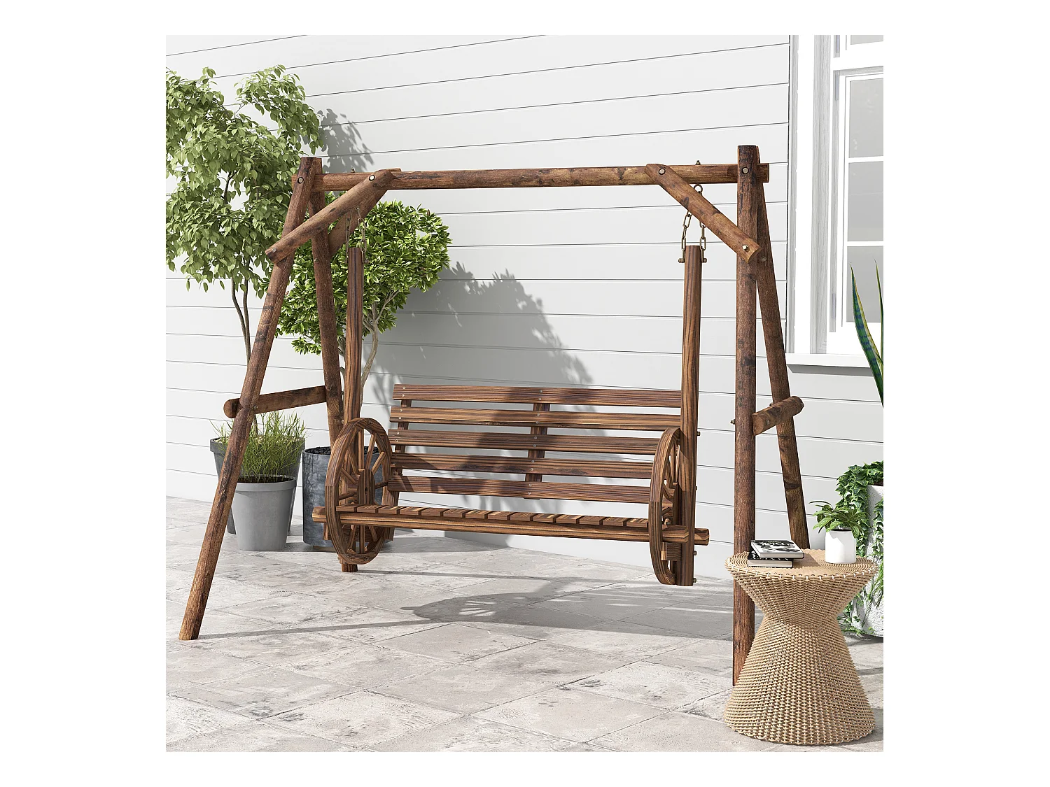 Balancelle de jardin 2 places style western - accoudoirs roues charrette - bois sapin traité carbonisation