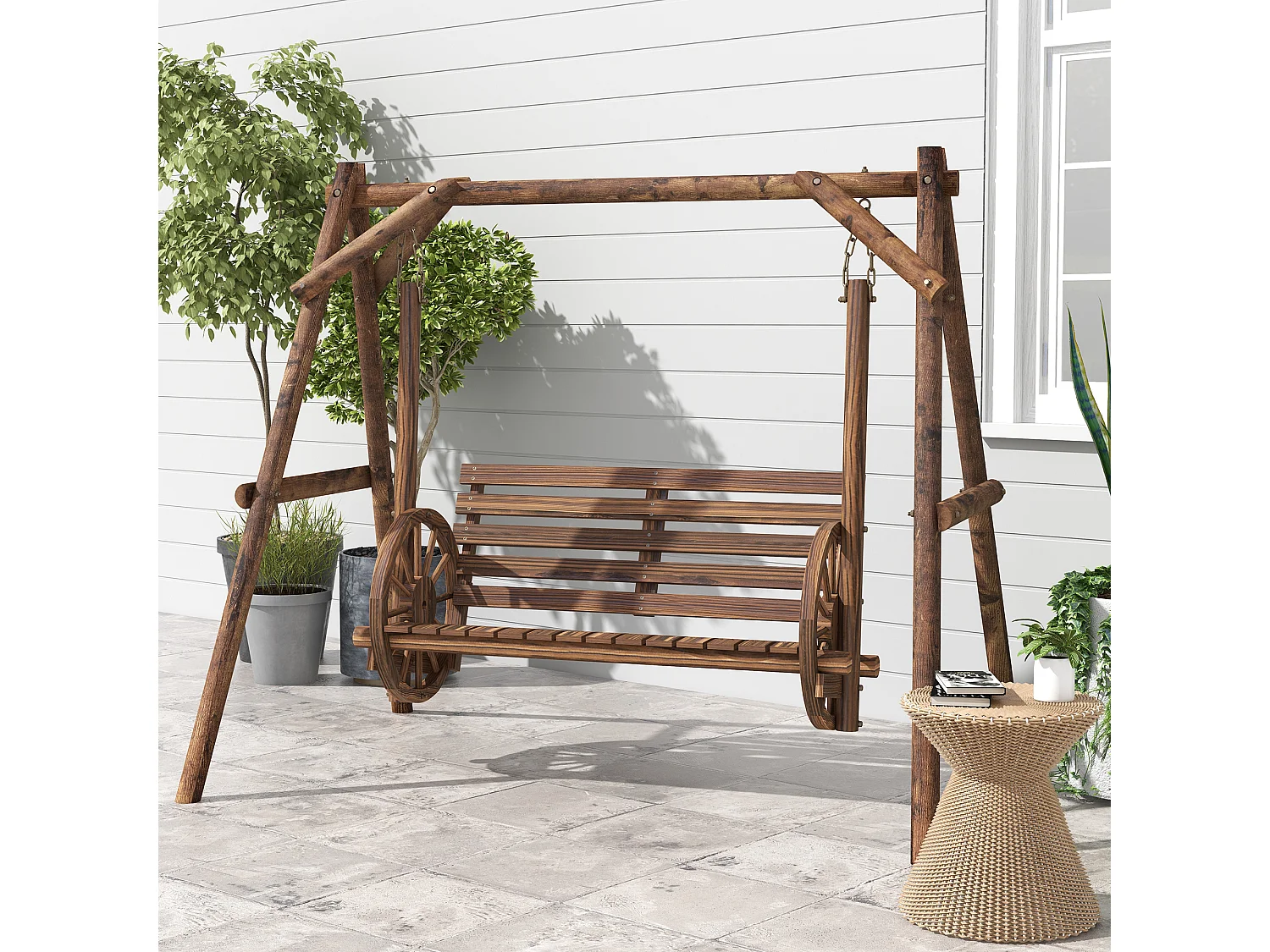 Balancelle de jardin 2 places style western - accoudoirs roues charrette - bois sapin traité carbonisation