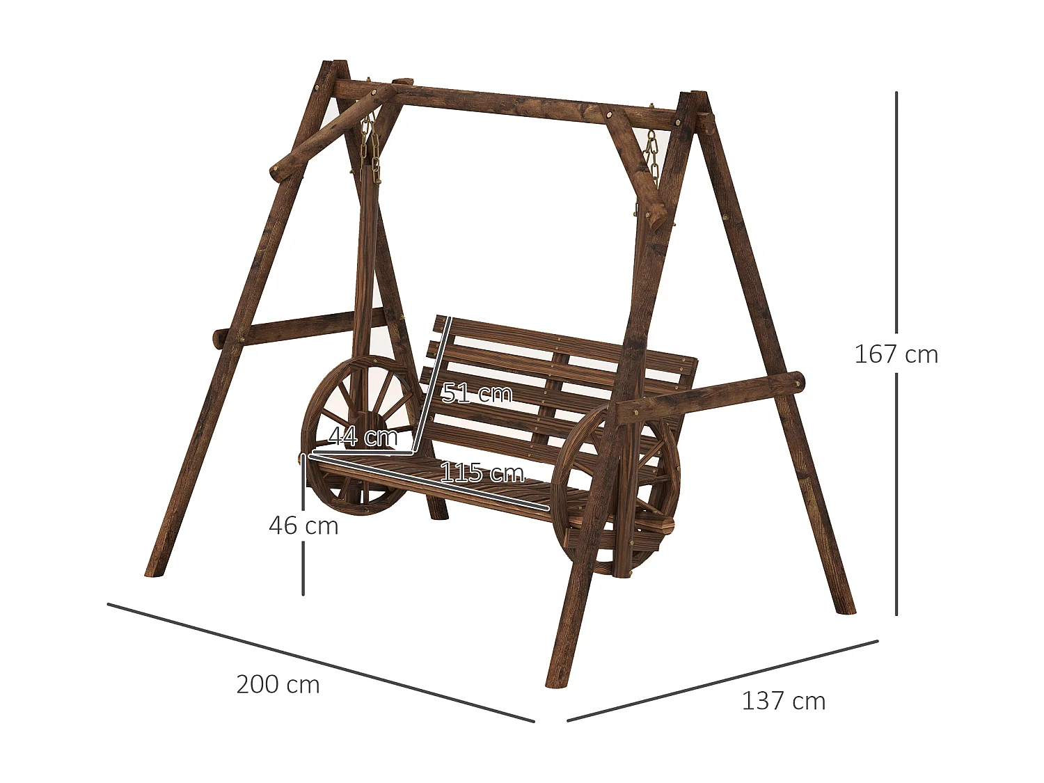 Balancelle de jardin 2 places style western - accoudoirs roues charrette - bois sapin traité carbonisation