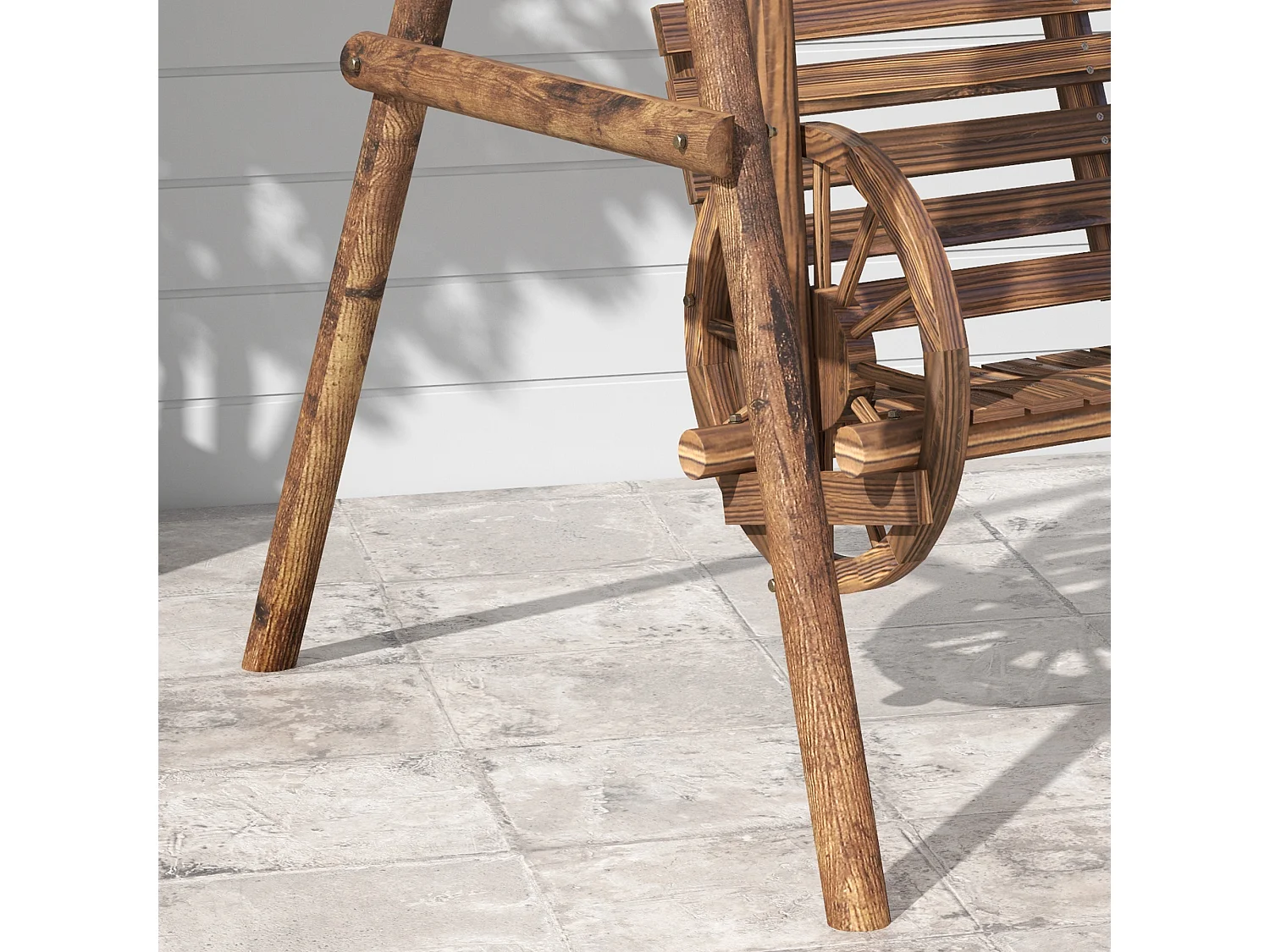 Balancelle de jardin 2 places style western - accoudoirs roues charrette - bois sapin traité carbonisation