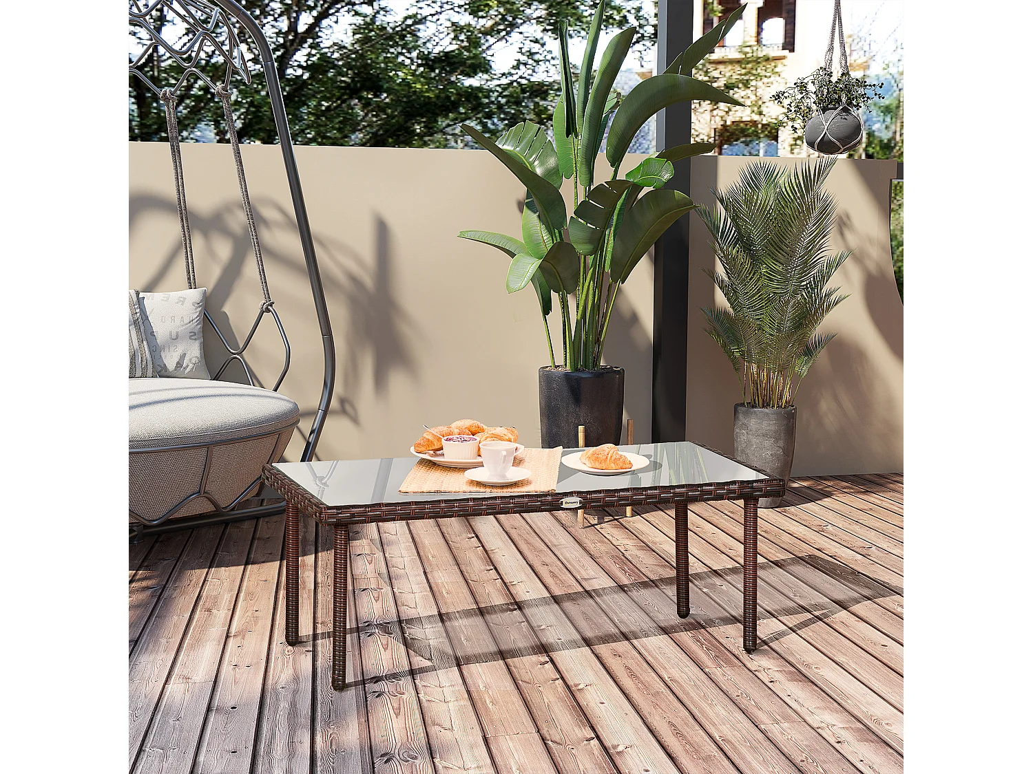 Table basse de jardin plateau verre trempé 5 mm résine tressée imitation rotin chocolat