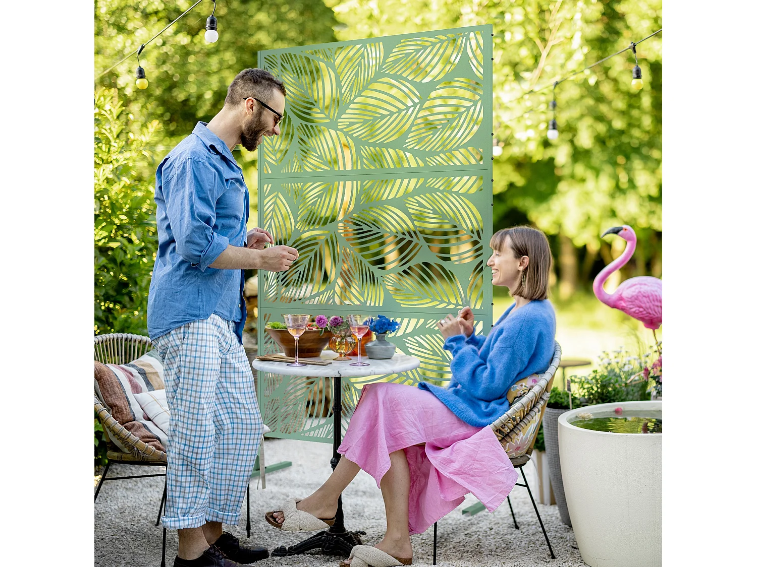 Panneau brise vue décoratif paravent extérieur motif végétal métal vert