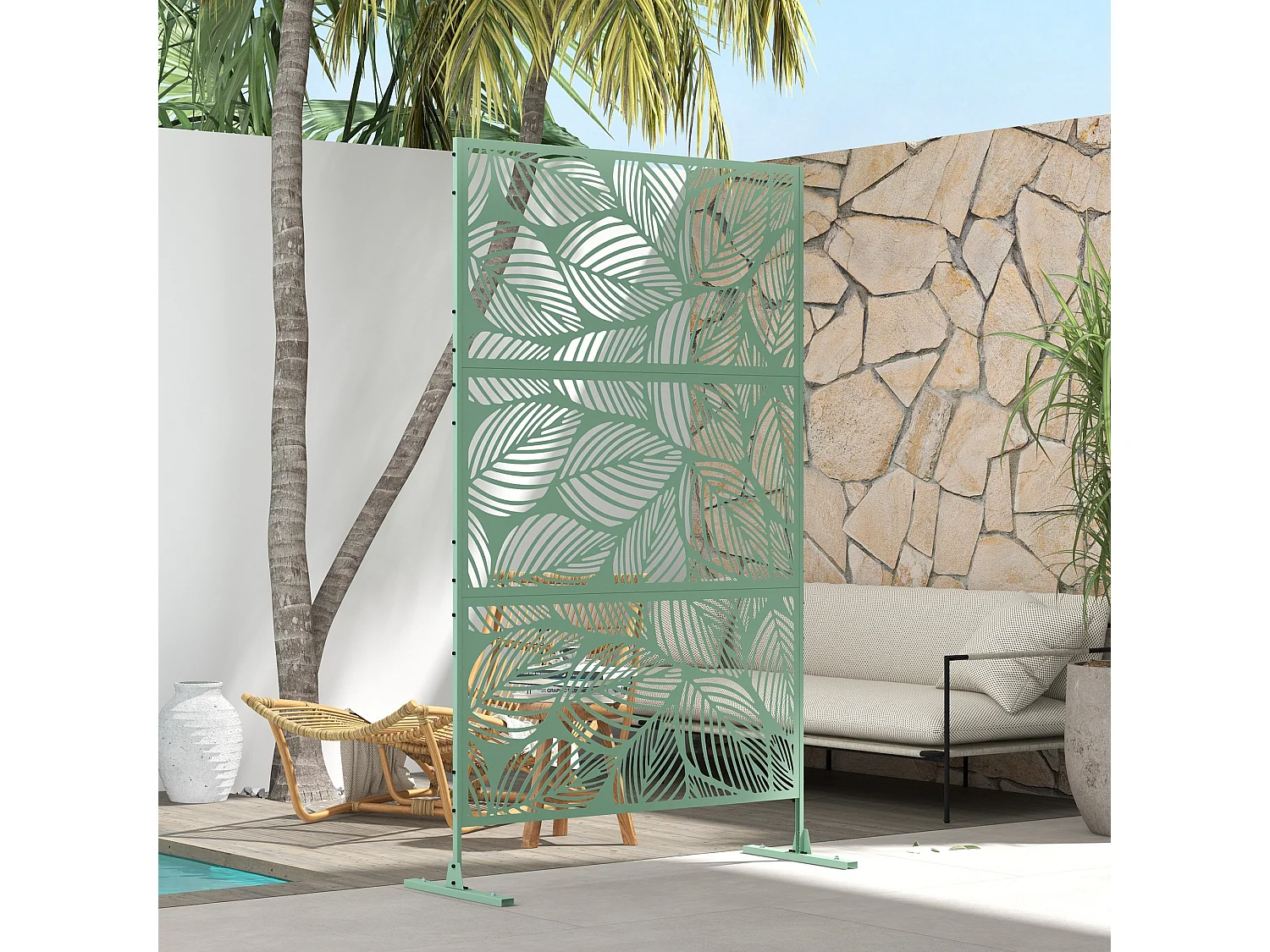 Panneau brise vue décoratif paravent extérieur motif végétal métal vert