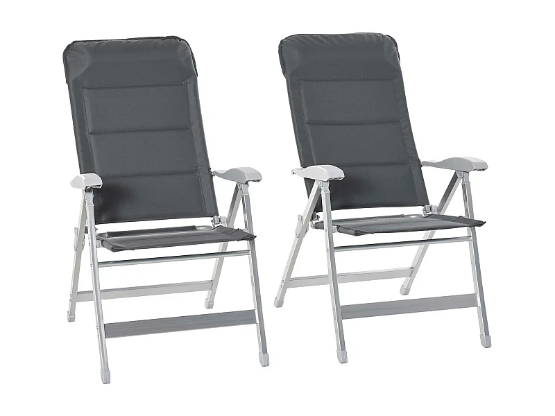 Lot de 2 chaises de jardin pliantes dossier haut inclinable multipositions accoudoirs tétière alu. oxford déperlant gris