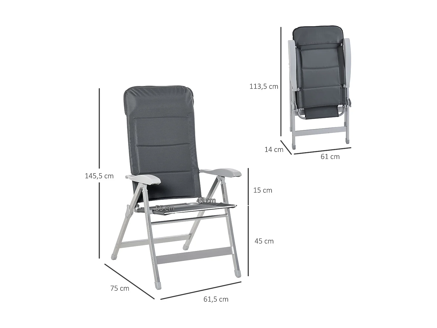 Lot de 2 chaises de jardin pliantes dossier haut inclinable multipositions accoudoirs tétière alu. oxford déperlant gris