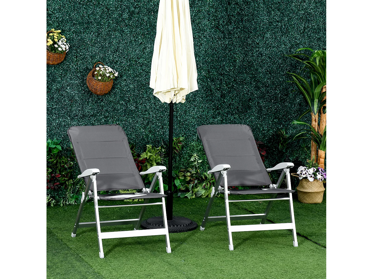 Lot de 2 chaises de jardin pliantes dossier haut inclinable multipositions accoudoirs tétière alu. oxford déperlant gris