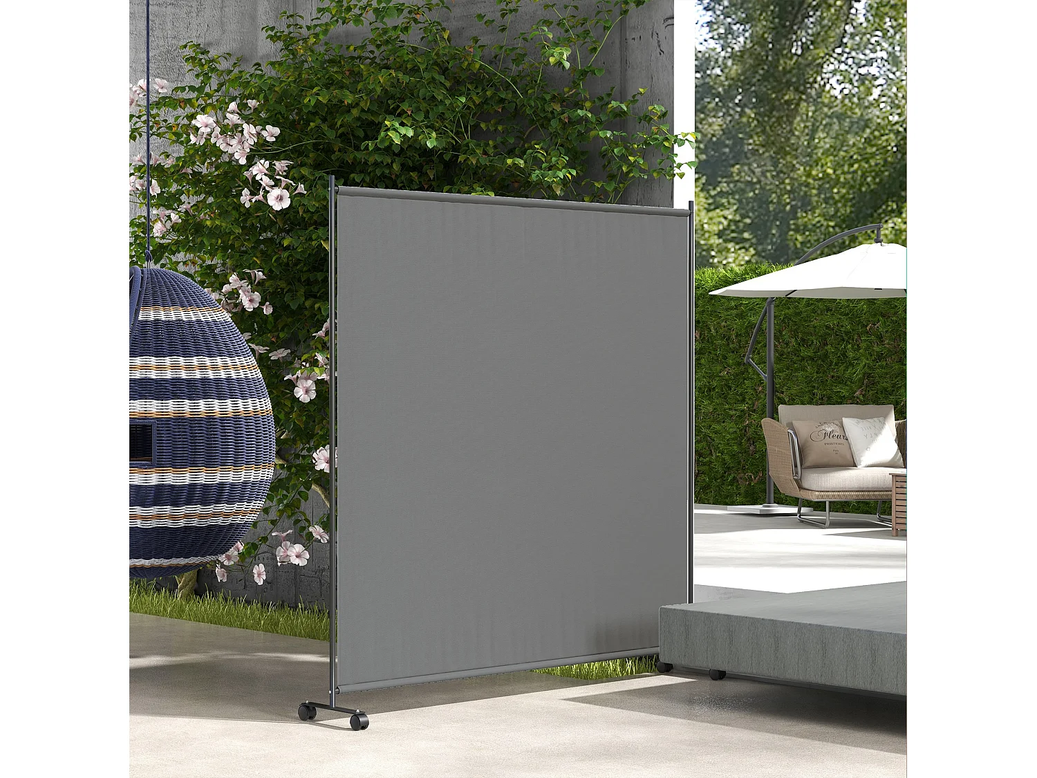 Panneau brise-vue paravent extérieur sur roulettes - autoportant - dim. 183L x 30l x 181H cm - gris