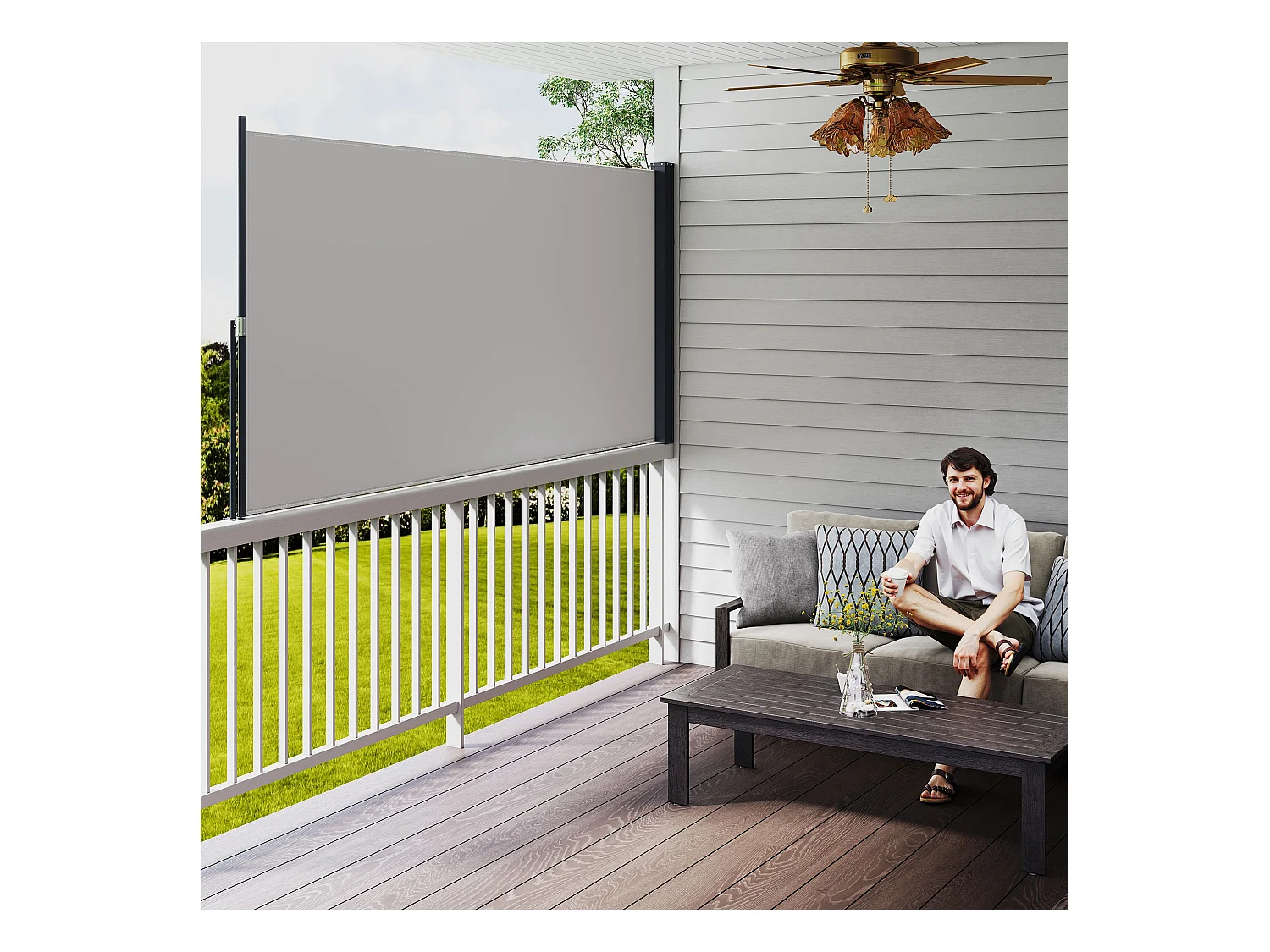 Store latéral brise-vue paravent rétractable dim. 3L x 1,40H m gris