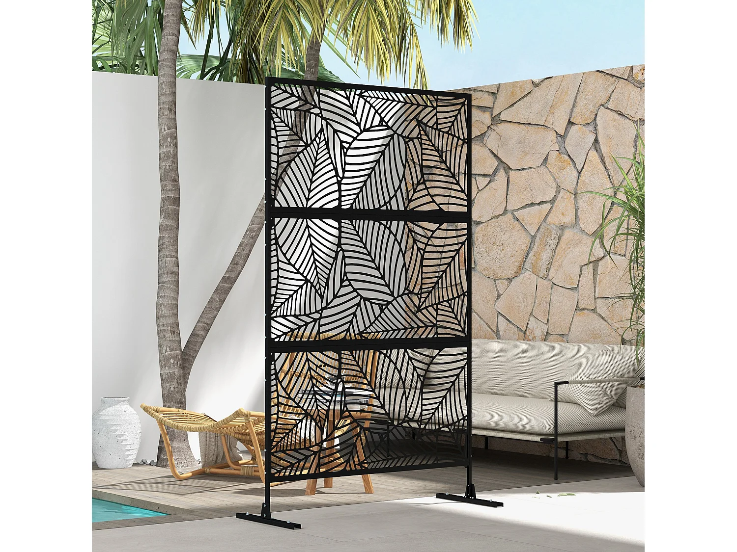 Panneau brise vue décoratif paravent extérieur motif végétal métal noir