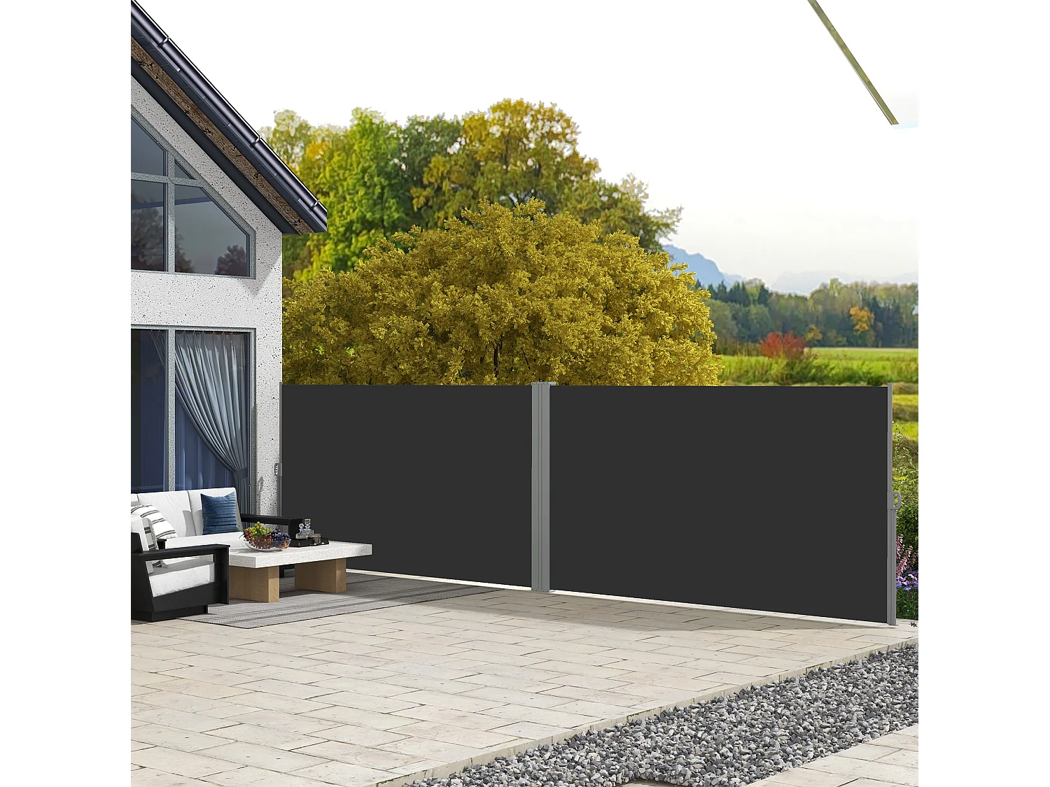 Double store latéral brise-vue paravent rétractable dim. 6L x 1,60H m polyester anti-UV haute densité noir