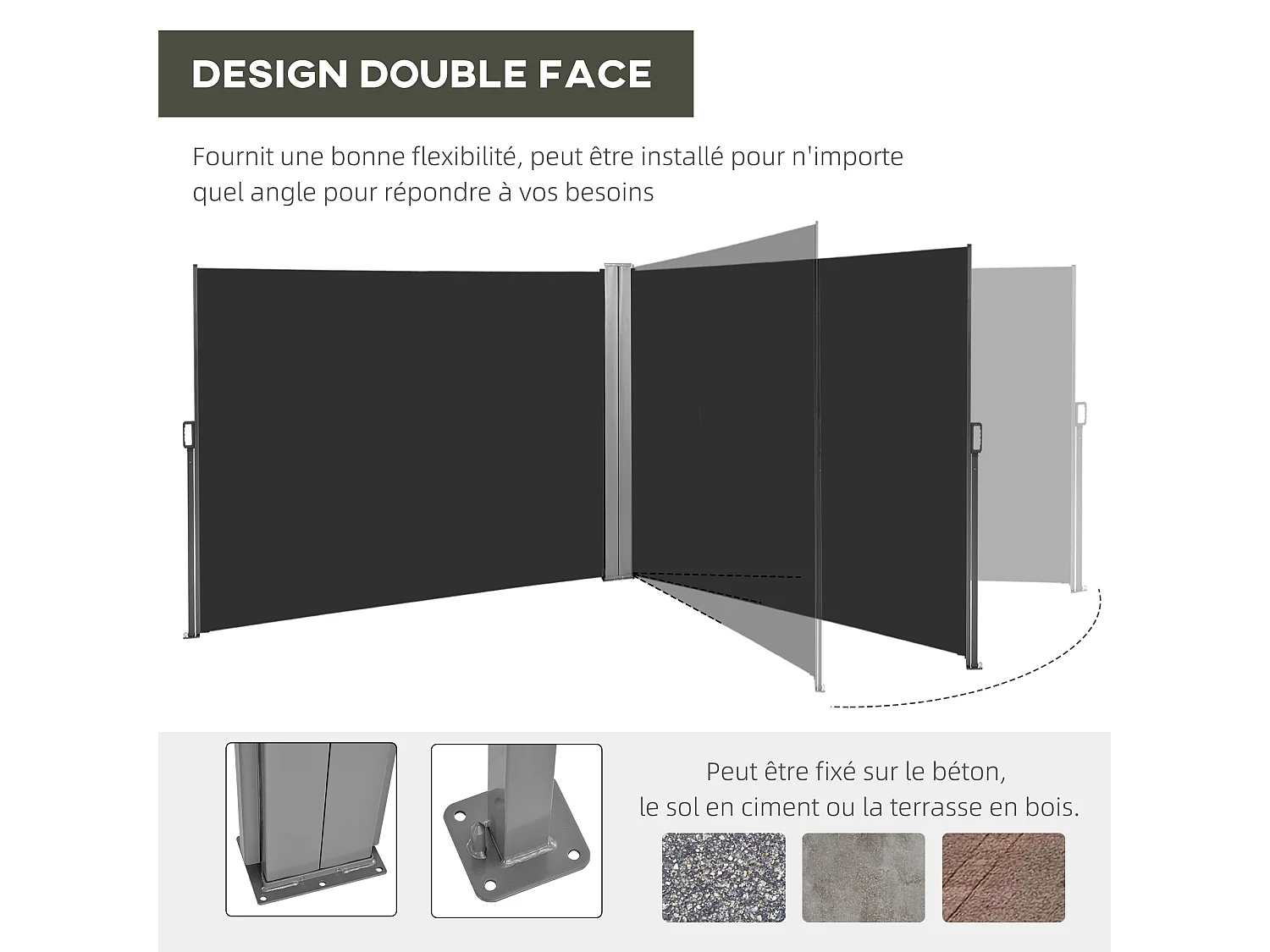 Double store latéral brise-vue paravent rétractable dim. 6L x 1,60H m polyester anti-UV haute densité noir