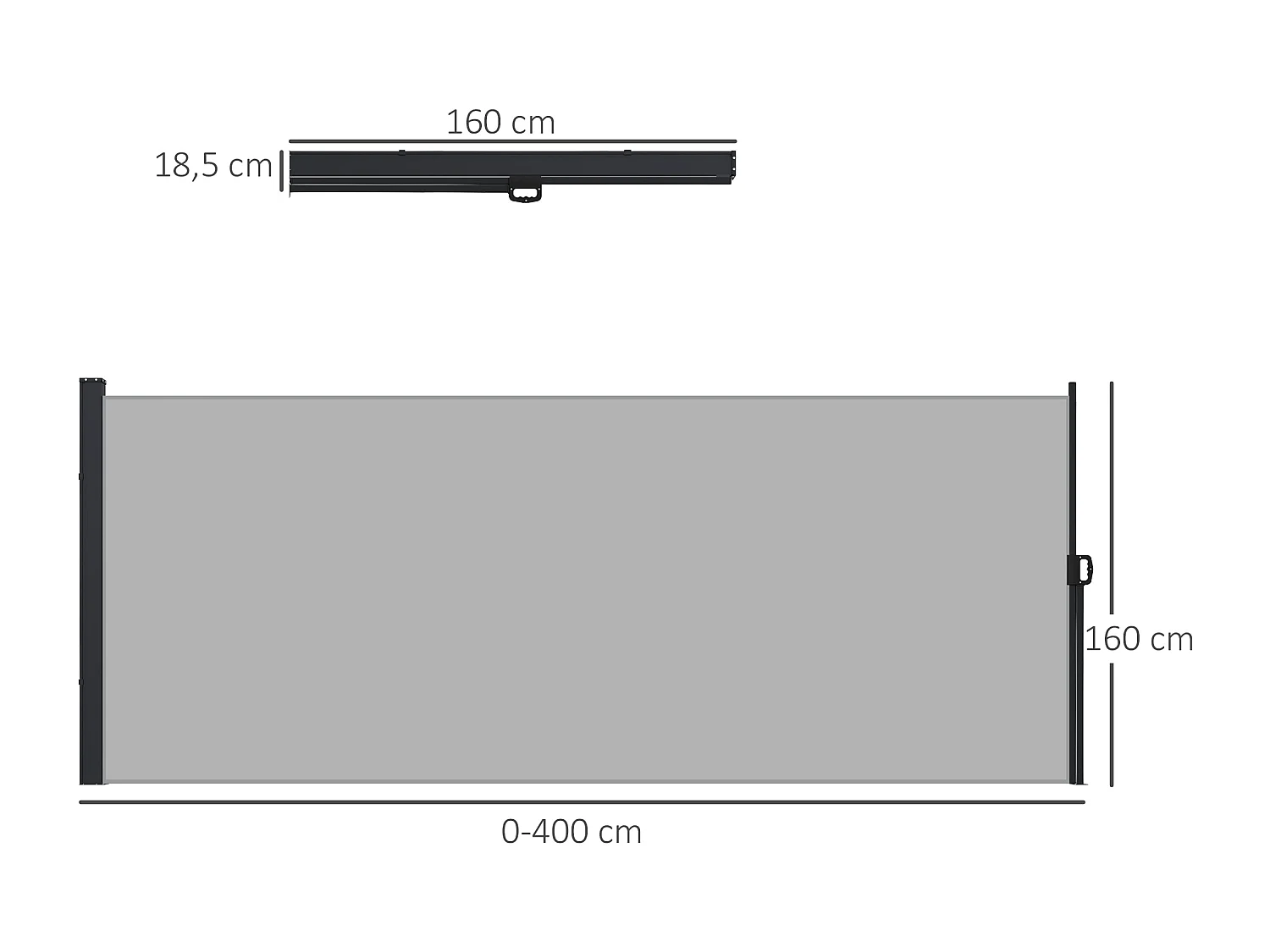 Store latéral brise-vue paravent rétractable de jardin dim. 4L x 1,60H m alu. polyester haute densité 180 g/m² gris