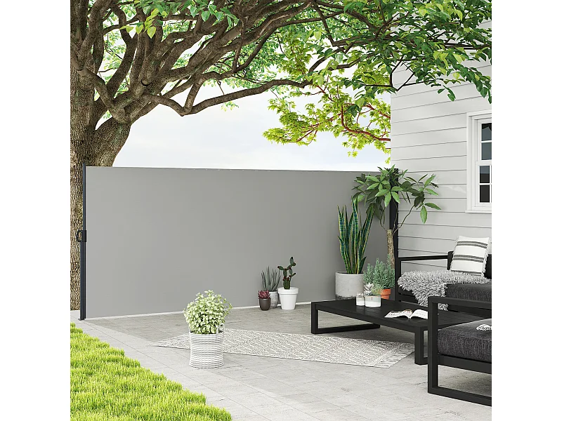 Store latéral brise-vue paravent rétractable de jardin dim. 4L x 1,60H m alu. polyester haute densité 180 g/m² gris