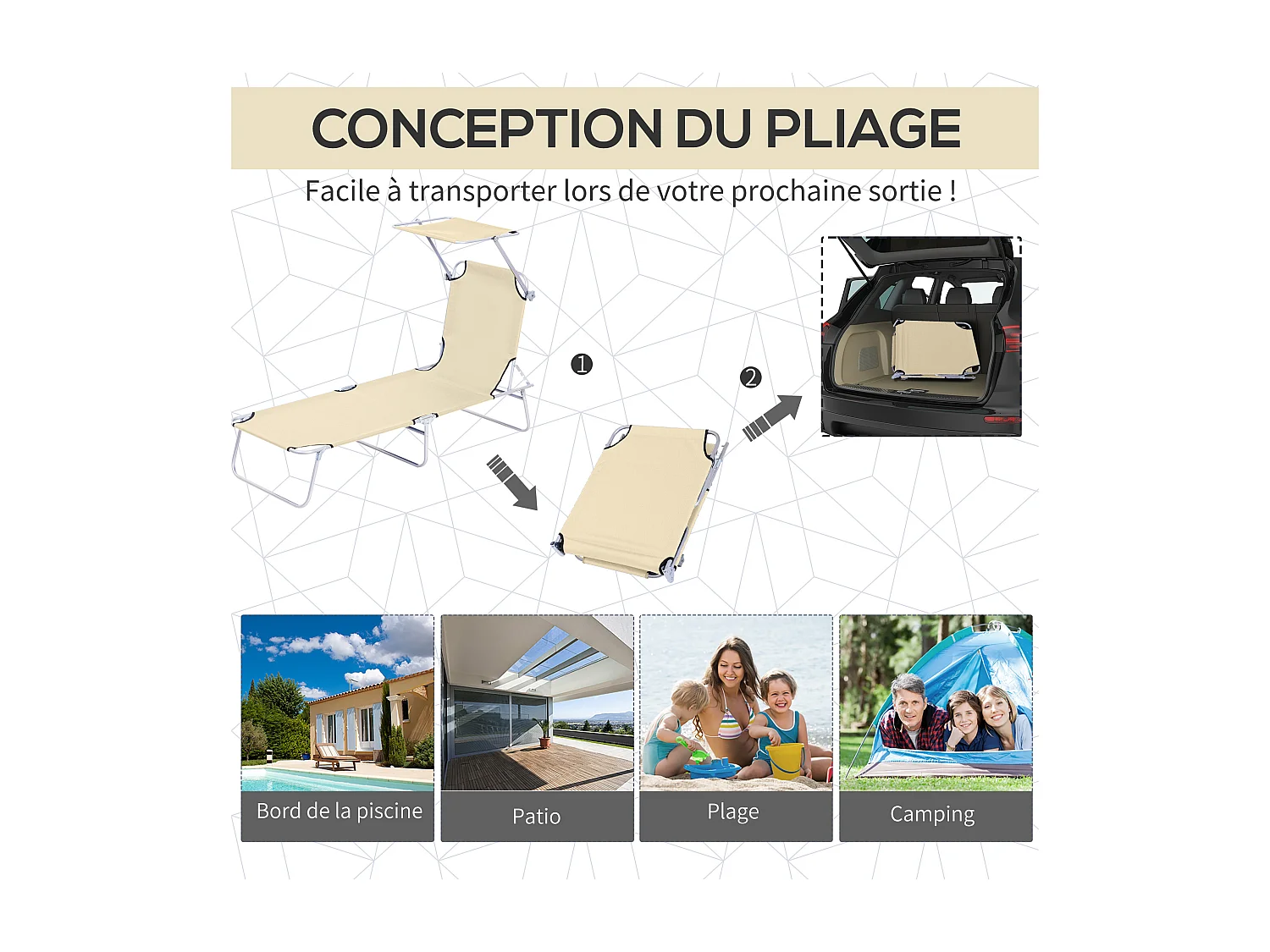 Transat bain de soleil pliable grand confort dossier et pare-soleil réglable multi-positions beige