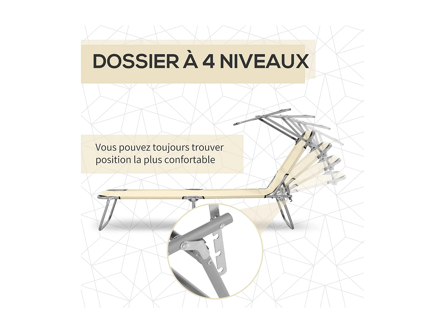 Transat bain de soleil pliable grand confort dossier et pare-soleil réglable multi-positions beige
